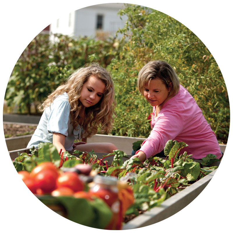 adult and kid gardening in community garden