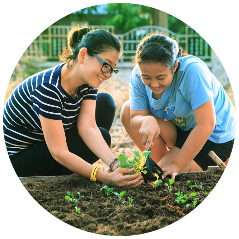 adults and children placing plants in a garden bed
