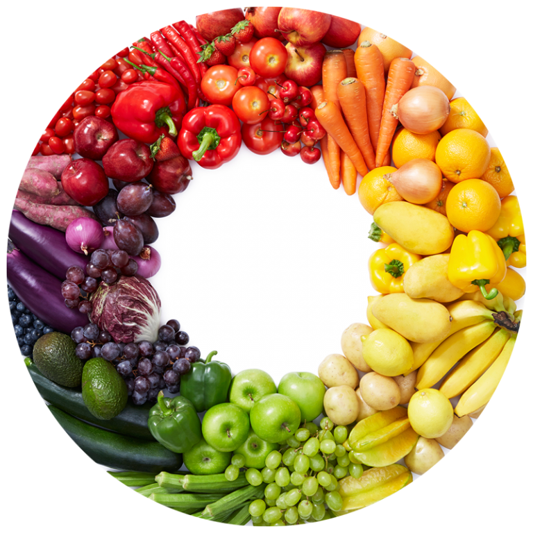 A rainbow of fruits and veggies forming a circle