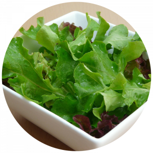 Container of fresh picked loose lettuce leaves and salad greens from the garden