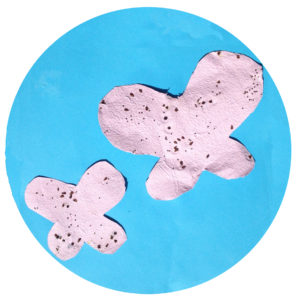 two butterflies cut out of homemade paper on a blue background