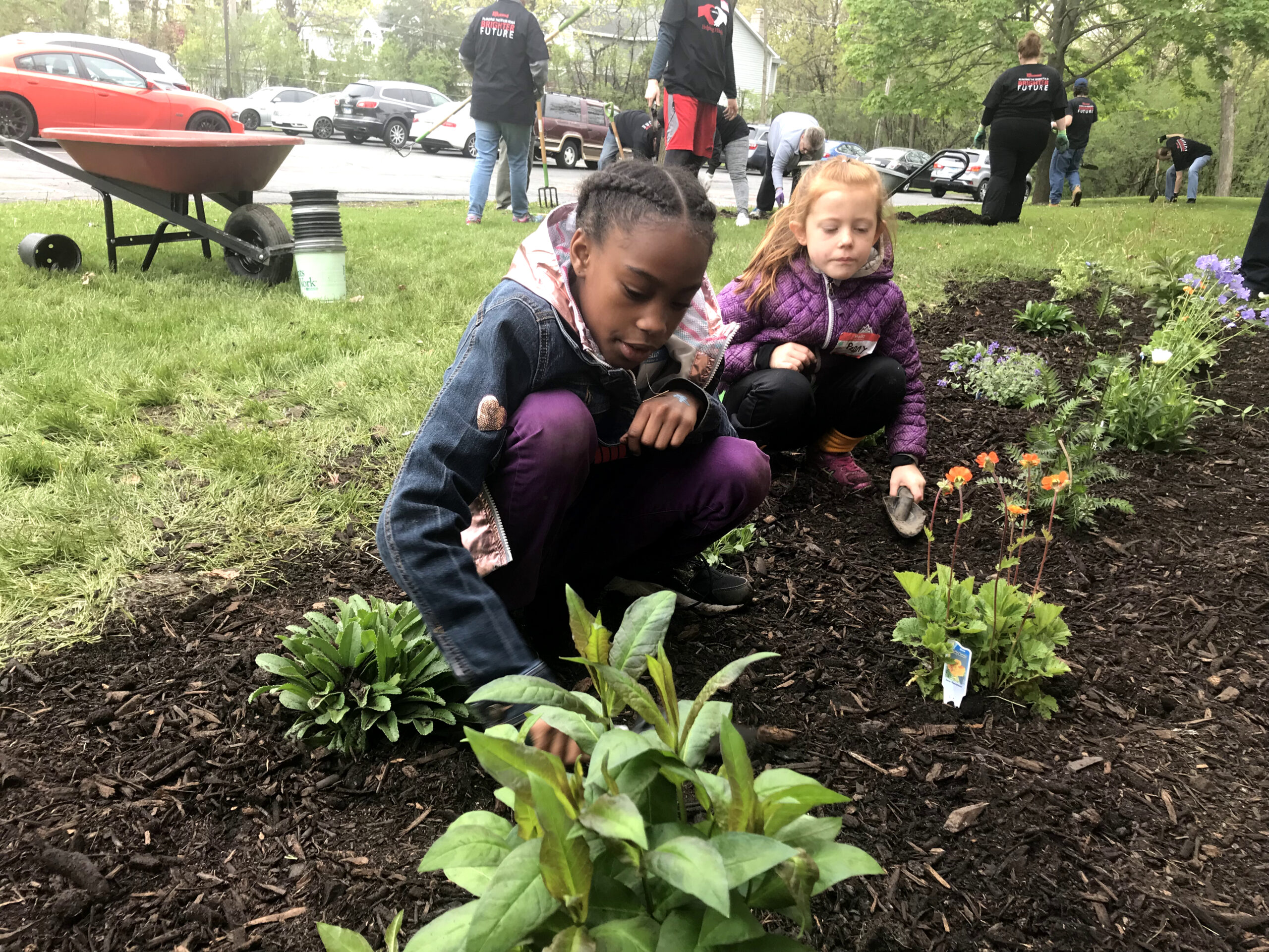 Two children squatting in an in-ground garden.