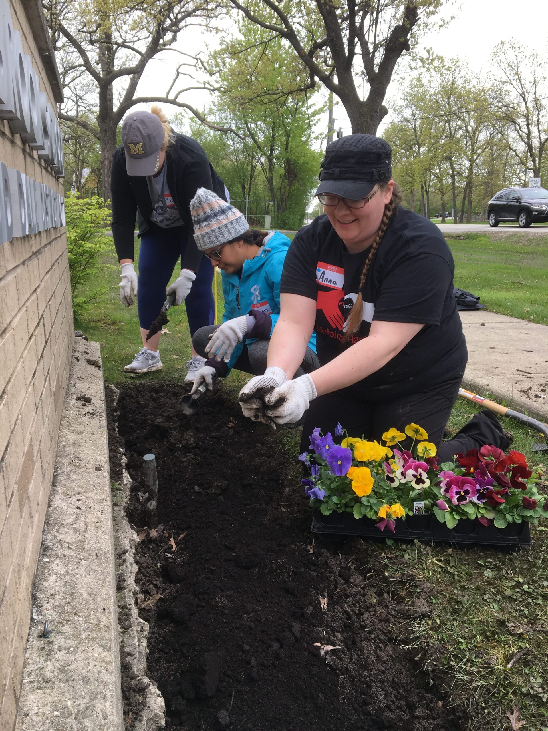 People planting flowers alongside a brick wall.