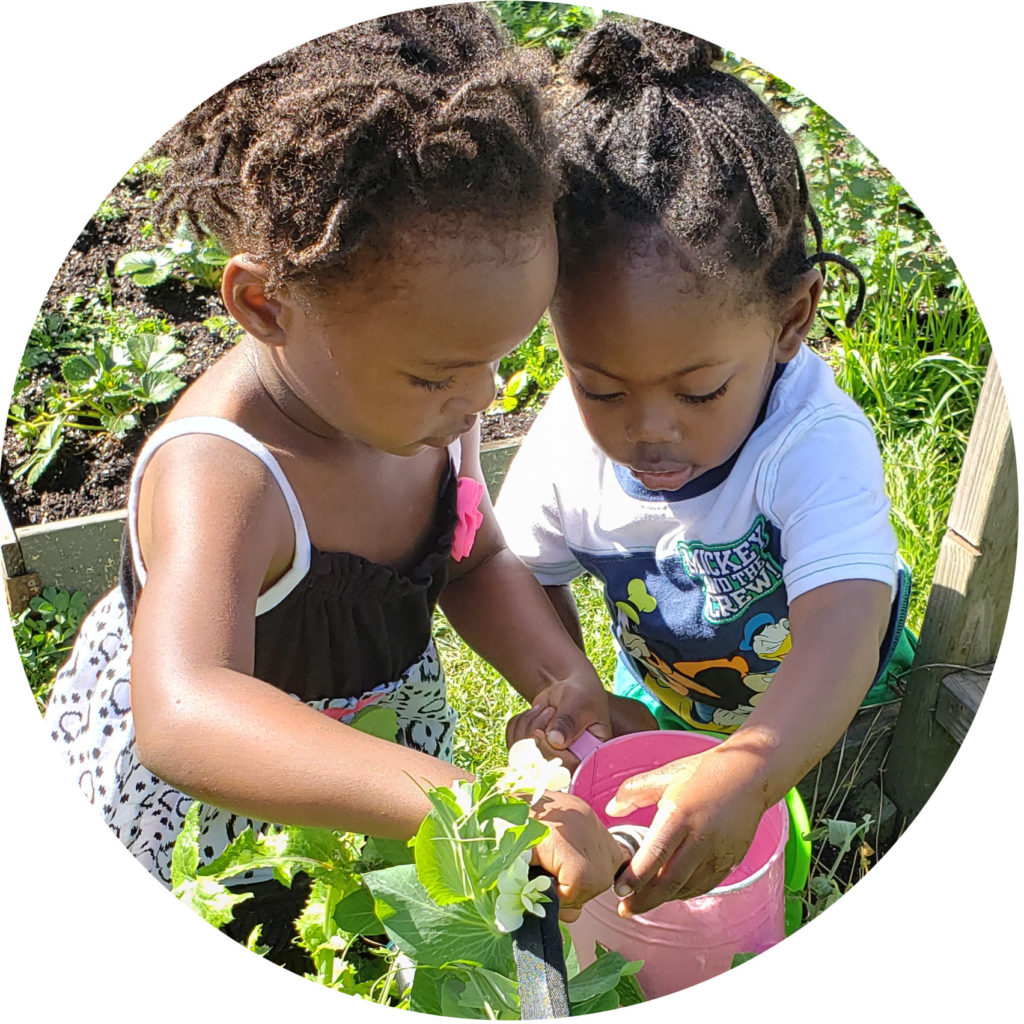 Two pre-school age children help each other with a hose and watering can in the garden.