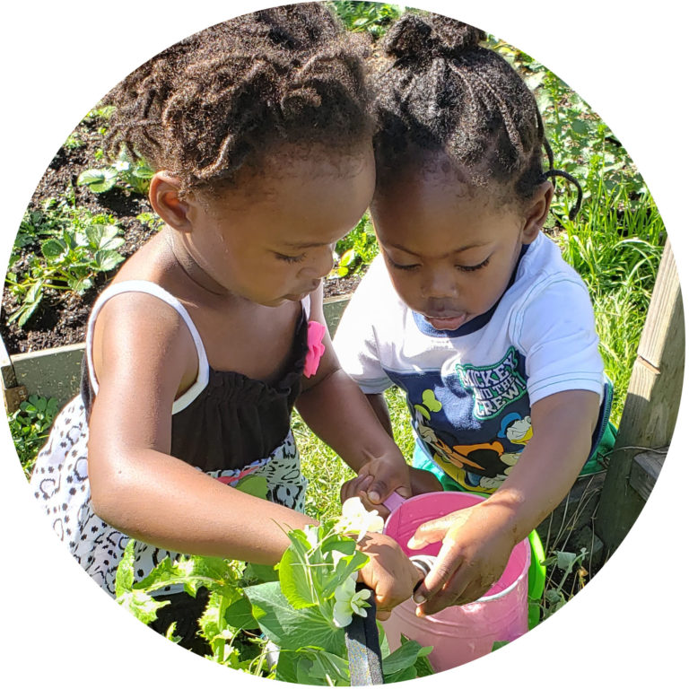 Two pre-school age children help each other with a hose and watering can in the garden.