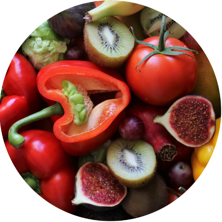 Various cut fruits and vegetables
