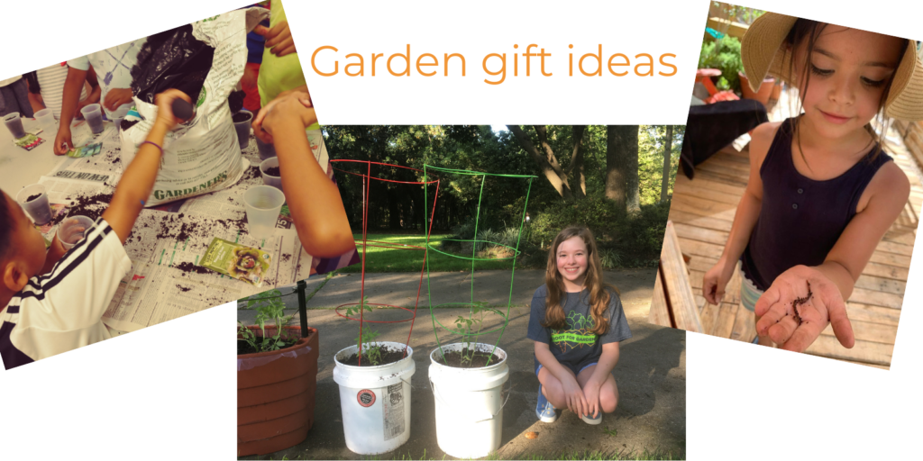 Three photos of children gardening make a collage with the words Garden Gift ideas
