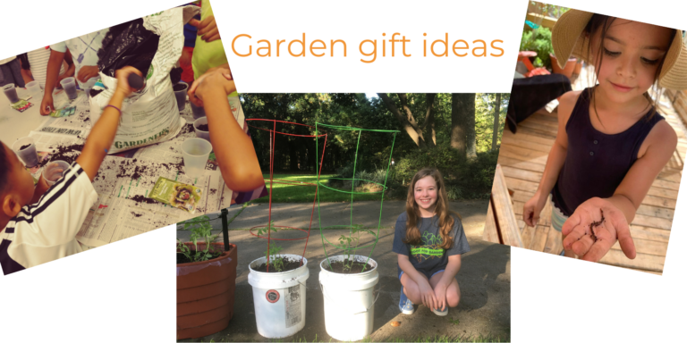 Three photos of children gardening make a collage with the words Garden Gift ideas