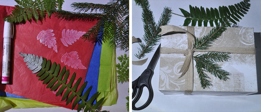 block print and evergreen wrapping
