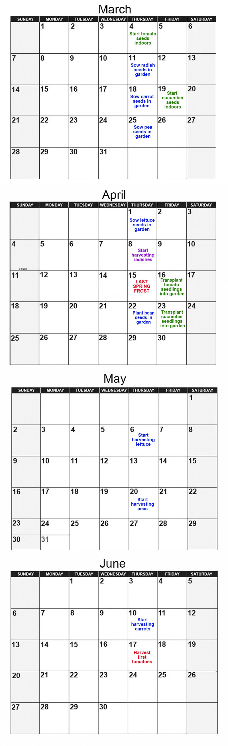 calendar showing planting dates