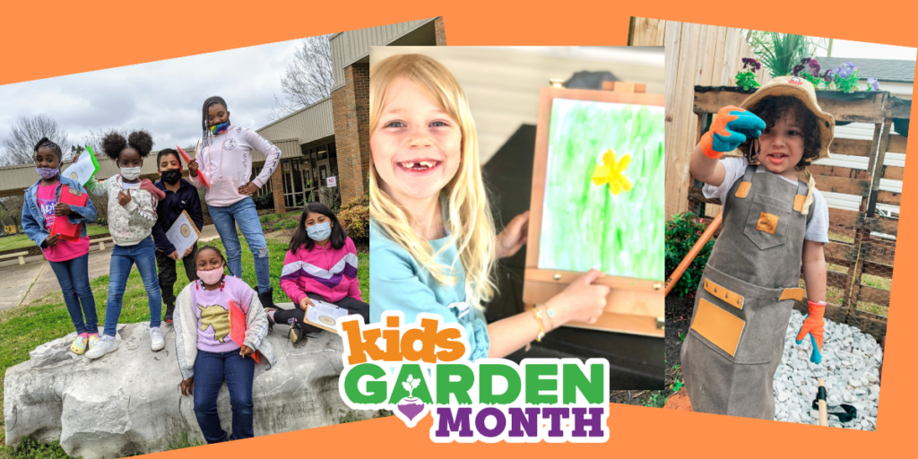 A collage of photos of children gardening, with the words Kids GARDEN month