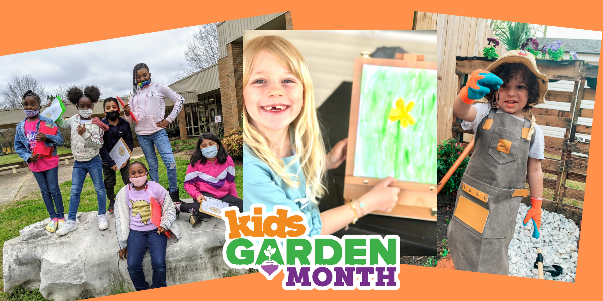 KGM blog banner A collage of photos of children gardening, with the words Kids GARDEN month