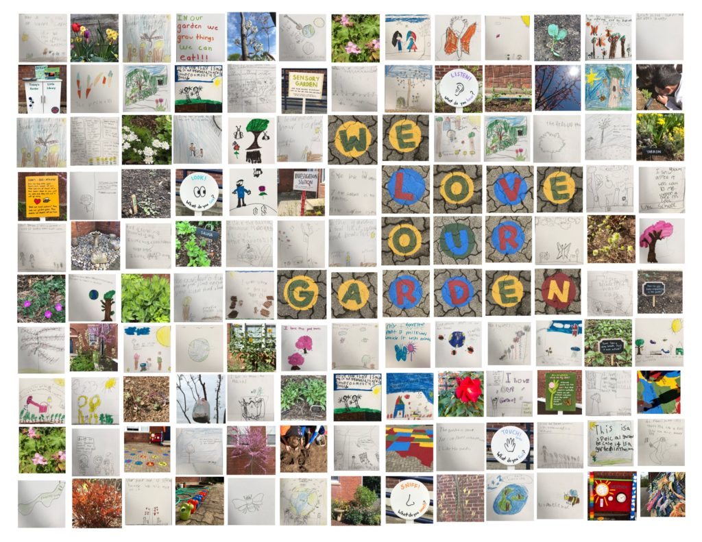 A collage of garden pictures with the words We Love Our Garden spelled out