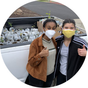 Project Climate Club members with oak tree seedlings in the cab of a truck.