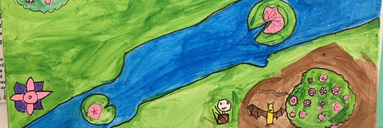 Painting of a garden, with a river in the center