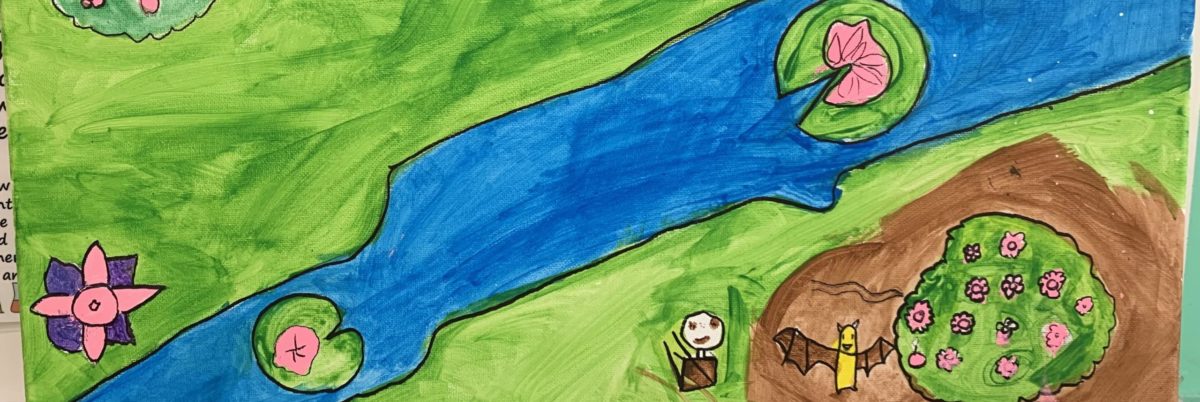 Zeke’s Painting 2 Painting of a garden, with a river in the center
