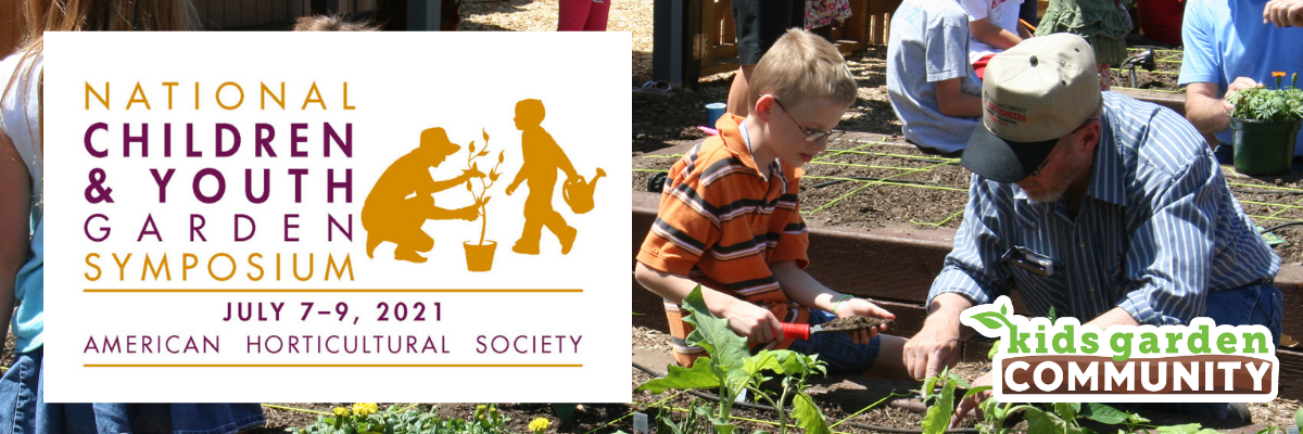 NCYGS An adult and child working in a garden together, with a white box telling details of the National Children and Youth Garden Symposium