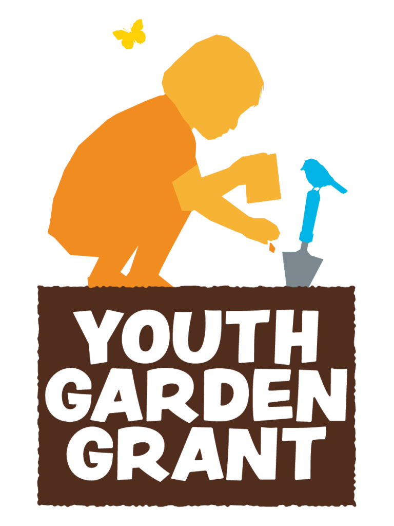 A logo for the Youth Garden Grant, which shows a graphic image of child squatting down and planting seeds. The child is drawn in orange. They are squatting on a brown rectangle, which holds the words Youth Garden Grant in white letters.