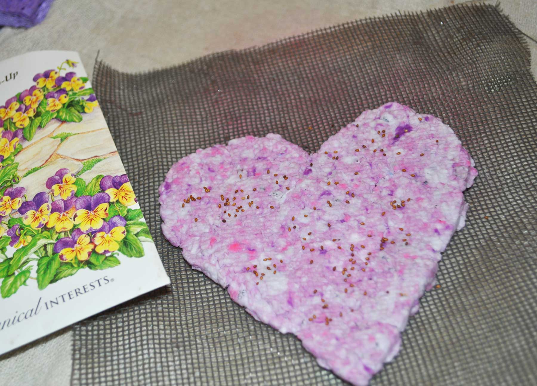 A paper heart with flower seeds pressed into it, next to a seed packet