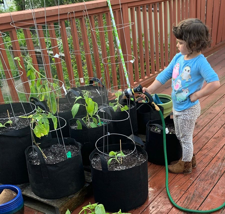 A child watering a container garden on a wooden balcony