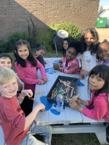 A group of children are sitting and standing at a white picnic table. On the table is a flat bin with dried bean pods in it. Some children are holding bean pods.