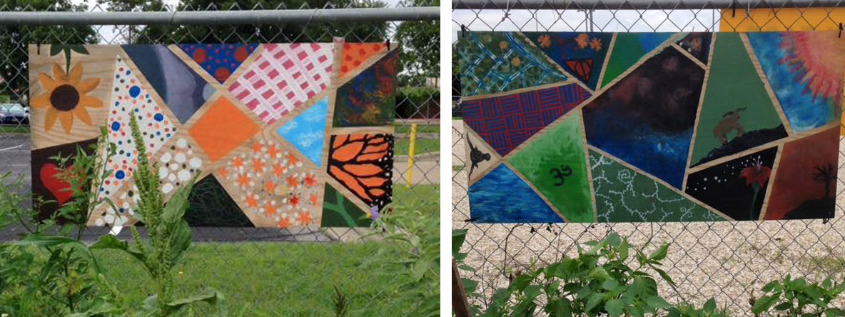 Two side-by-side images of murals attached to a fence. The murals have different sections and different colors.