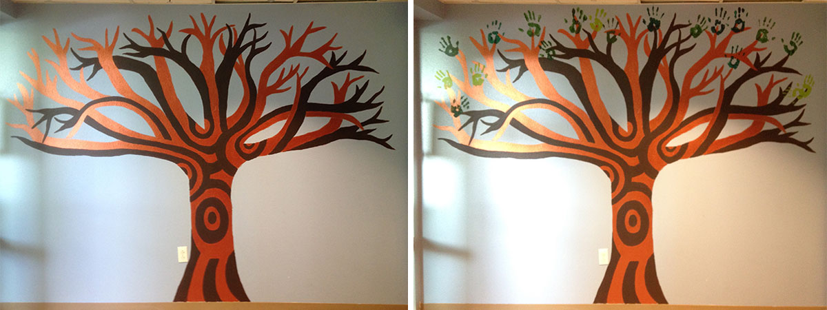 Two side-by-side images of the same large indoor mural of a tree. The tree is different shades of brown. On the left side the tree is bare. On the right side, the tree has "leaves" made of children's handprints.