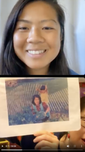 Two photos, one of Lily smiling and one of a photograph of an adult and a child.