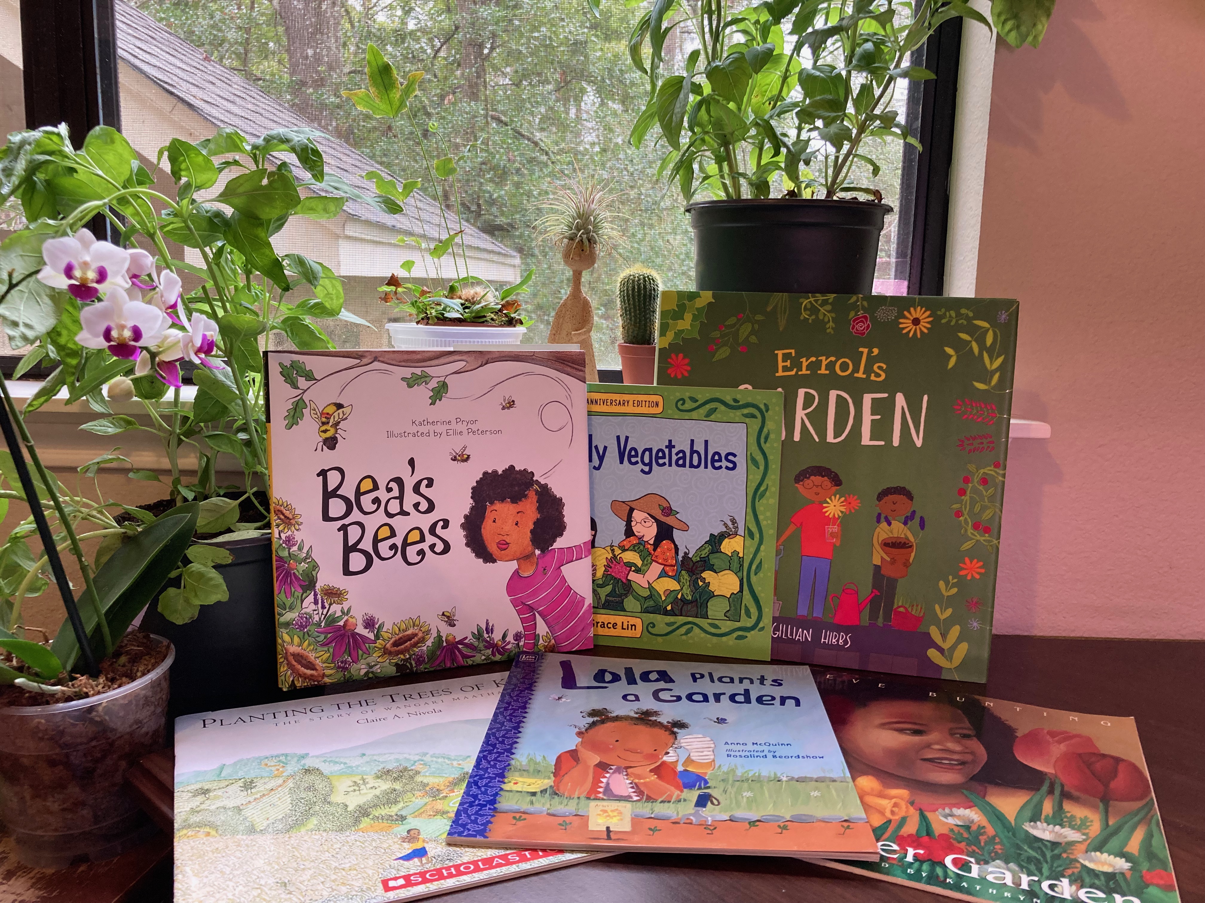 Various children's books in front of a window, with plants in the background.
