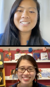 Two square photos of women, one photo on top of the other, a screenshot of an Instagram Live