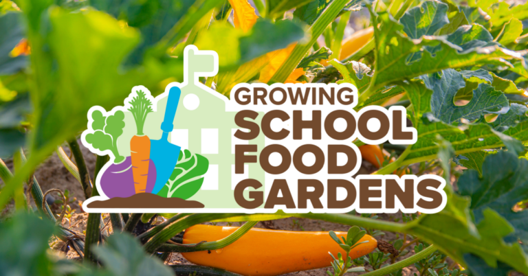 Growing School Food Gardens logo on a background of a garden