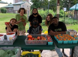 youth stand in front of freshly harvested tomatoes