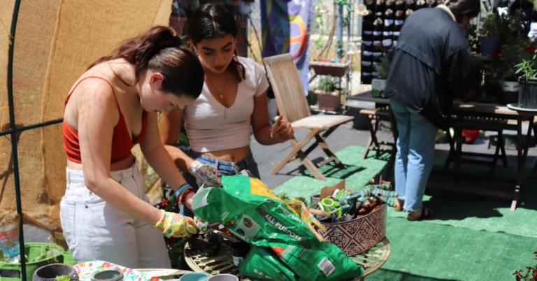 Two teenagers work to pot up succulents. They are outside working at a table.