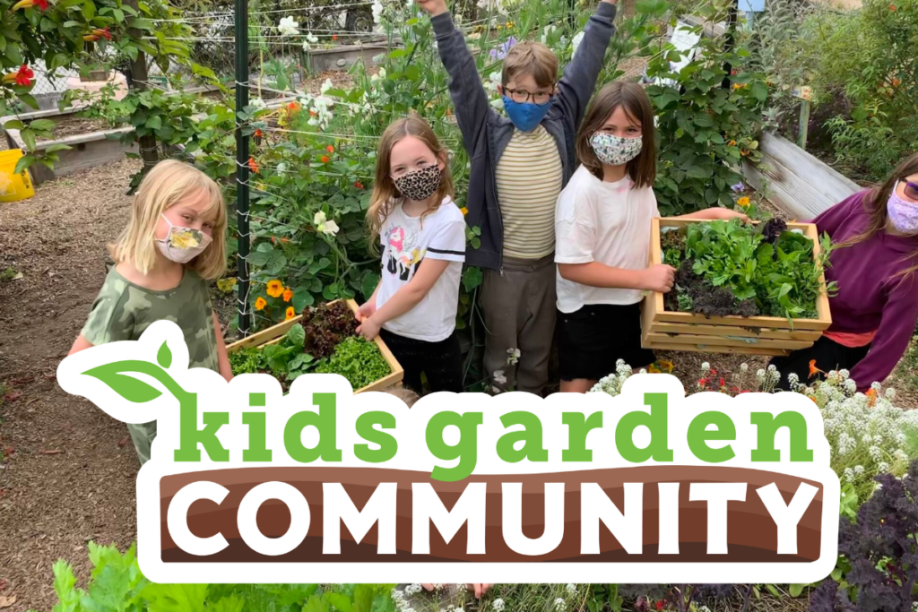 Kids in a garden, with a logo Kids Garden Community logo on top