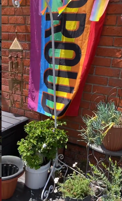 A rainbow flag that reads PROUD, on a brick wall with potted plants around