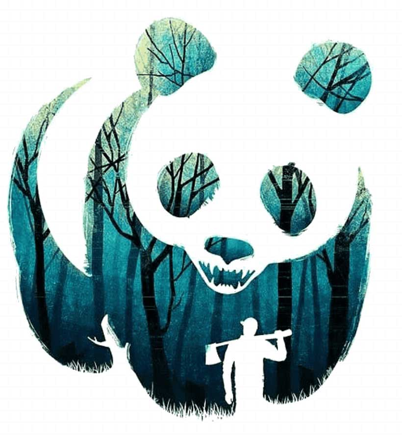 A panda, but the black parts are made of a forest. An example of creative use of negative space.