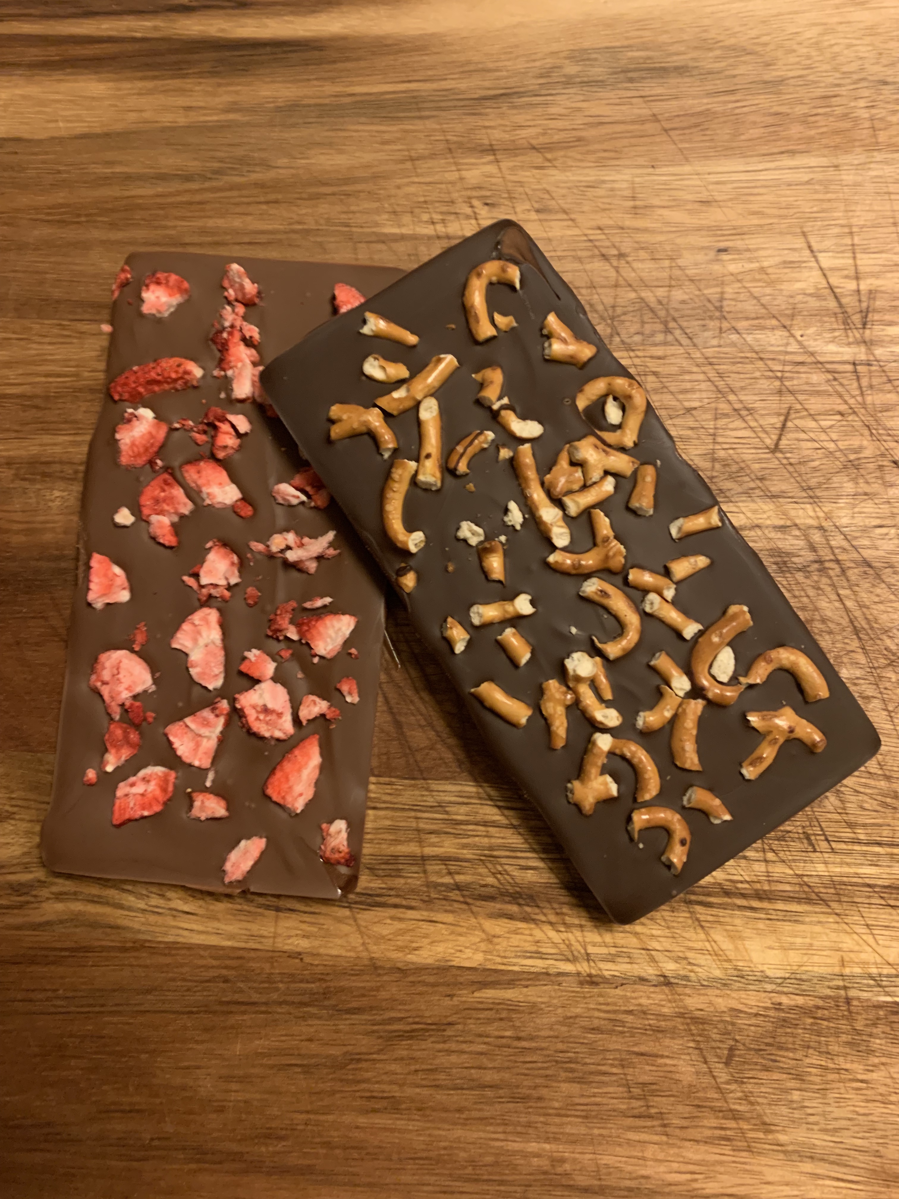 Chocolate with dried strawberries and pretzels