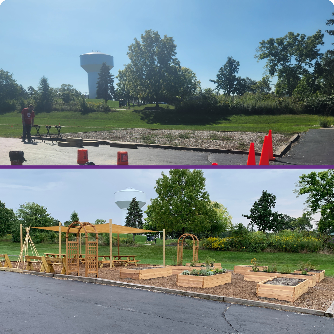 Two image of the same space, one before a garden was installed and one after.