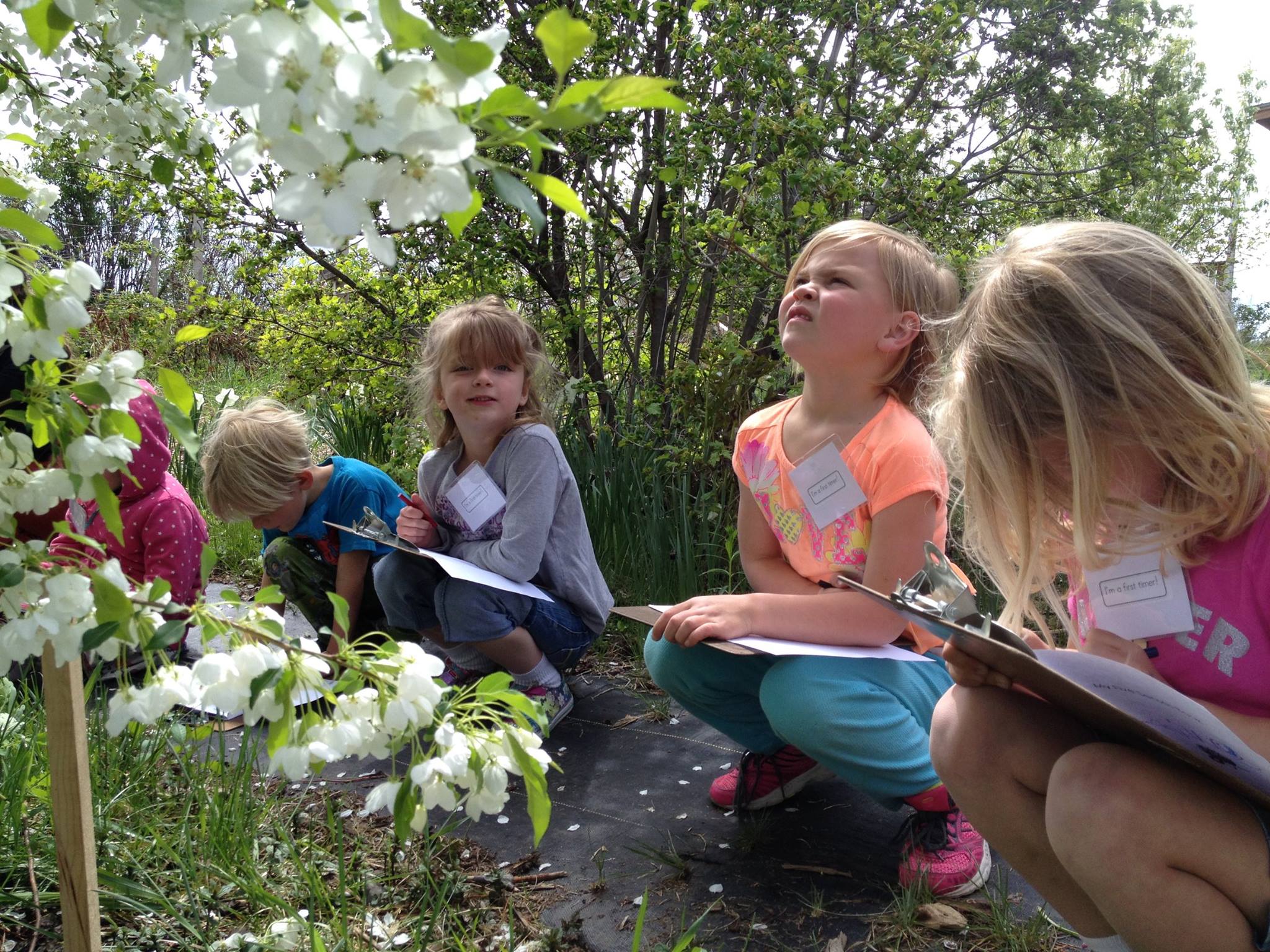 Kids outside with clipboards, drawing