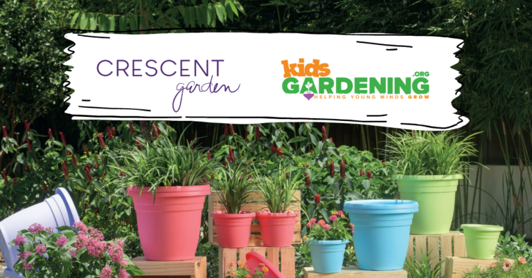 Crescent Garden and KidsGardening logo with a photo of a container garden