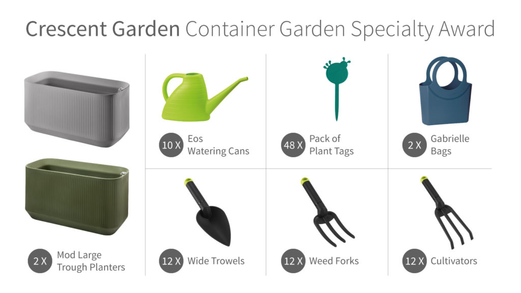 A collage image that shows two large containers, a watering can, various garden tools, plant markers, and bags.
