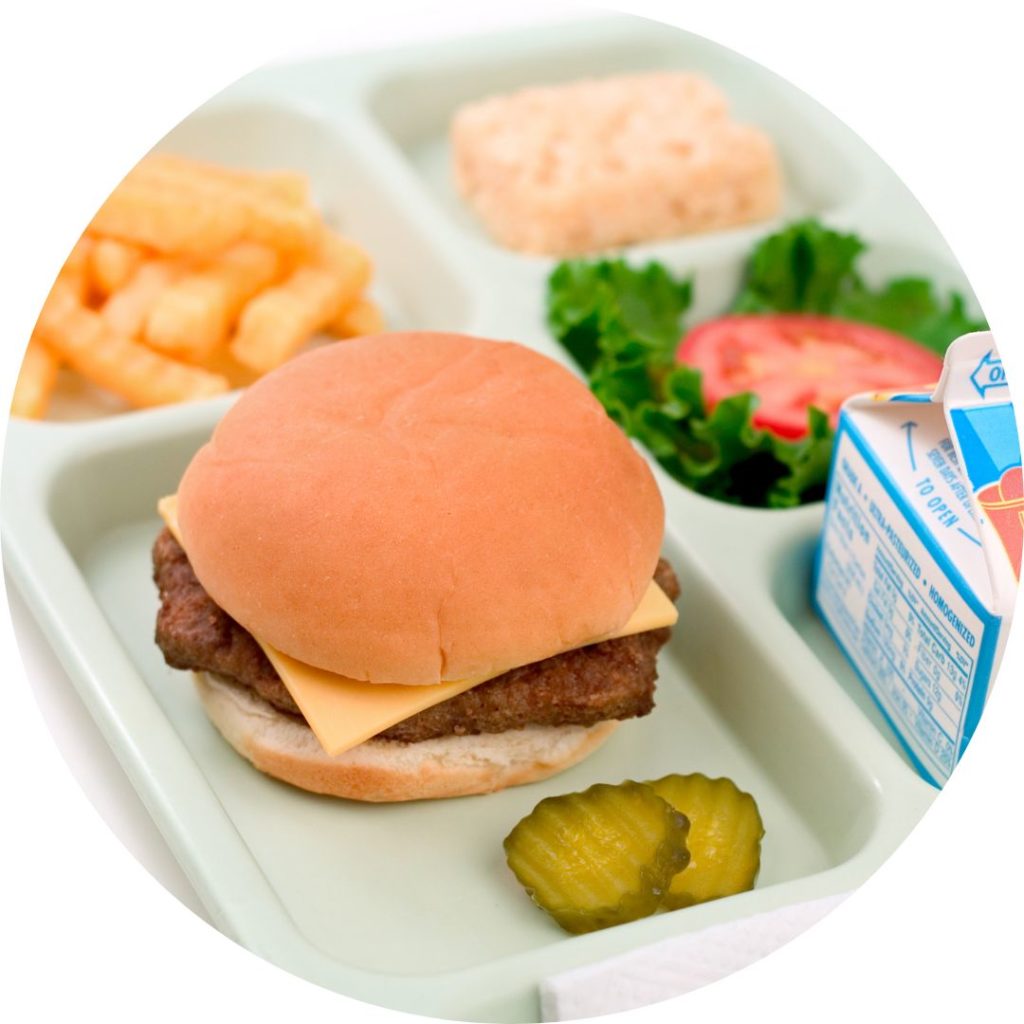 A lunch tray showing a hamburger, pickles, pickles, fries, a milk carton, salad.