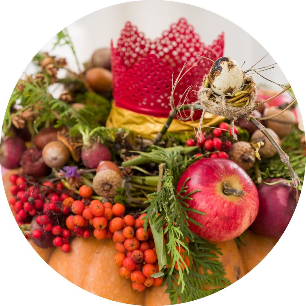 A variety of plants, fruits, and nuts around a red crown.