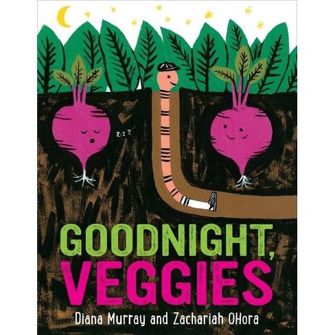 The cover of the book Goodnight Veggies, which shows purple beets and a worm.
