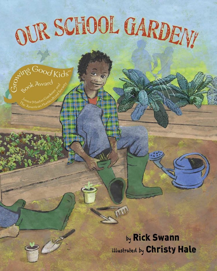 The cover of the book Our School Garden! A child sits on the edge of a raised bed.