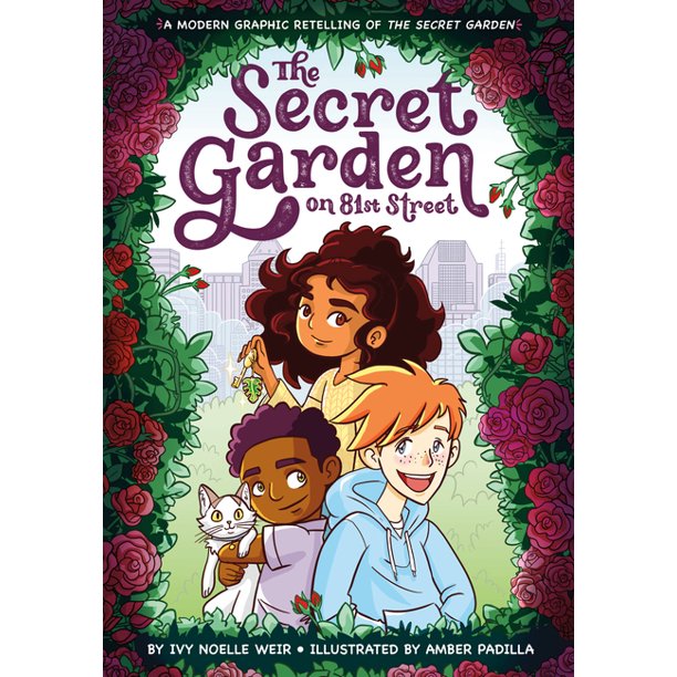 The cover of the graphic novel The Secret Garden on 81st Street, which shows three teens through a keyhole with vines growing around it.