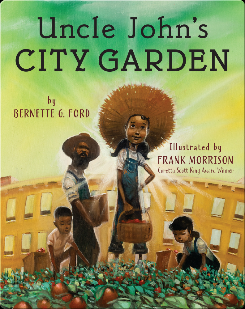 The cover of the book Uncle John's City Garden which shows people in a garden with city buildings behind them.
