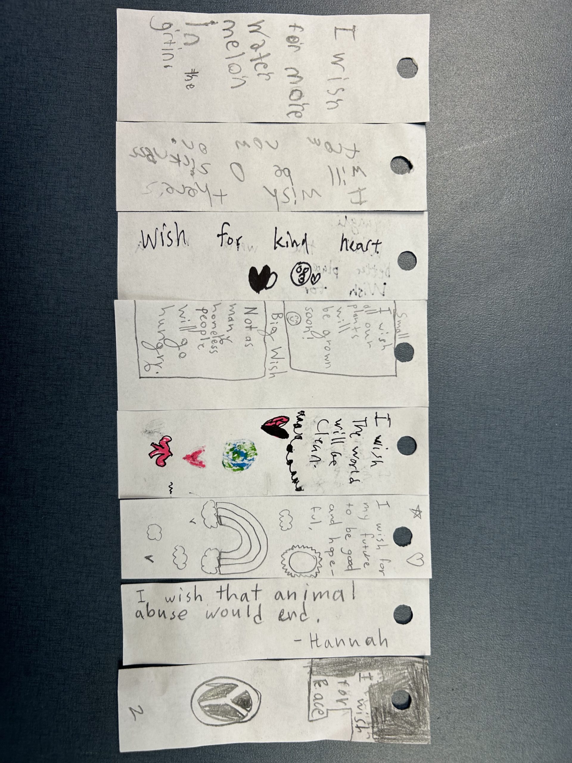 words on small pieces of paper with a hole punch on one side