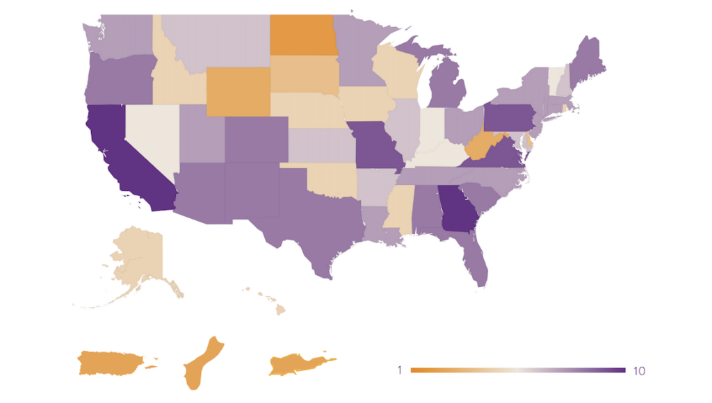 United States map depicting where youth garden grants have been made in the last year according to new survey.