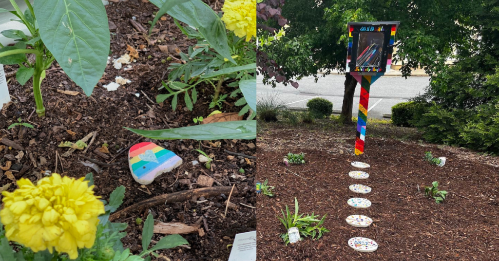 A collage of two garden photos showing colorful rocks